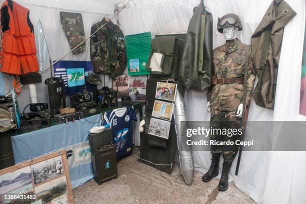 Malvinas/Falklands War memorabilia on display in a travelling war museum on May 10, 2019 in Buenos Aires, Argentina. The South Atlantic War, also...