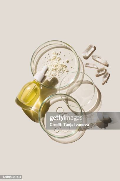 petri dishes with sample beauty products and cosmetic glass bottle on beige background. concept of laboratory research of cosmetics. dermatology science. natural medicine, cosmetic research, organic beauty products. top view, flat lay. - boîte de pétri photos et images de collection