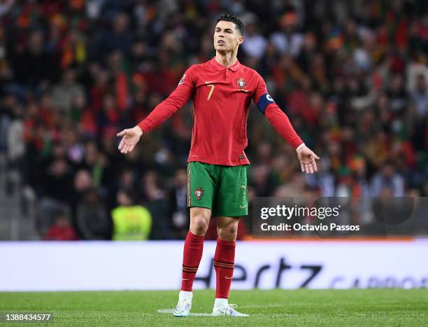 Cristiano Ronaldo of Portugal reacts during the 2022 FIFA World Cup Qualifier knockout round play-off match between Portugal and North Macedonia at...