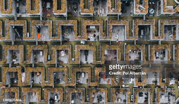 aerial view of mountain dwellings (bjerget). architecture in copenhagen, denmark. - amager stock pictures, royalty-free photos & images