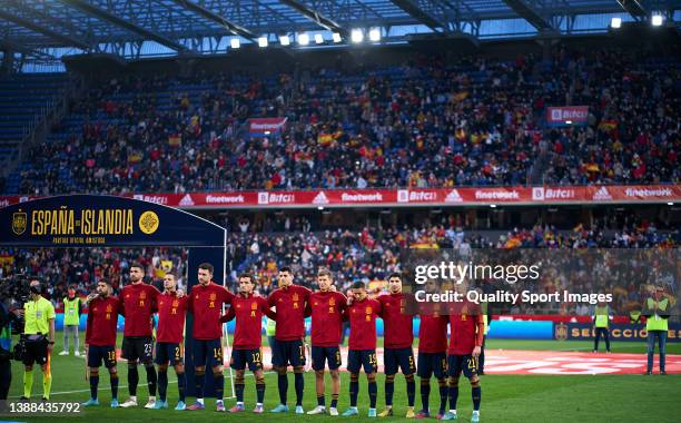The Spain team line up for the national anthem prior to the international friendly match between Spain and Iceland at Riazor Stadium on March 29,...