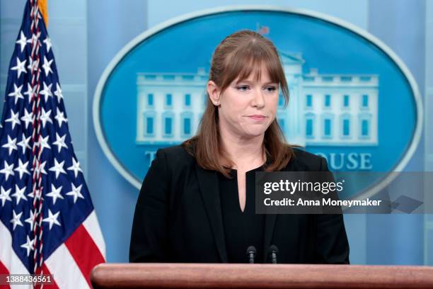 White House Communications Director Kate Bedingfield delivers remarks during the daily White House Press Briefing on March 29, 2022 in Washington,...