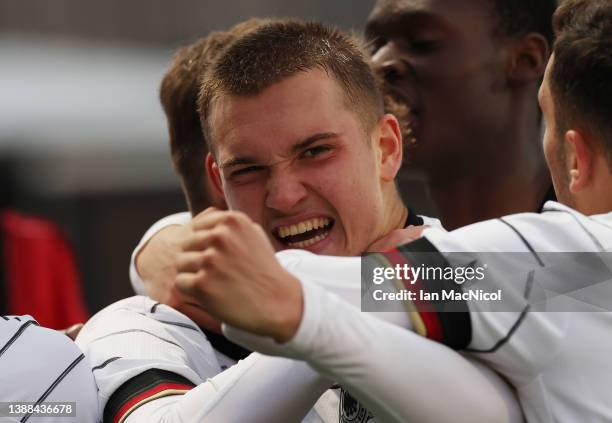 Philipp Schultz of Germany reacts after Paul Wanner scores his team's fourth goal during the UEFA Under17 European Championship Qualifier match...