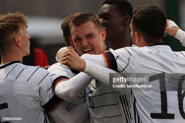 Philipp Schultz of Germany reacts after Paul Wanner scores his team's fourth goal during the UEFA Under17 European Championship Qualifier match...