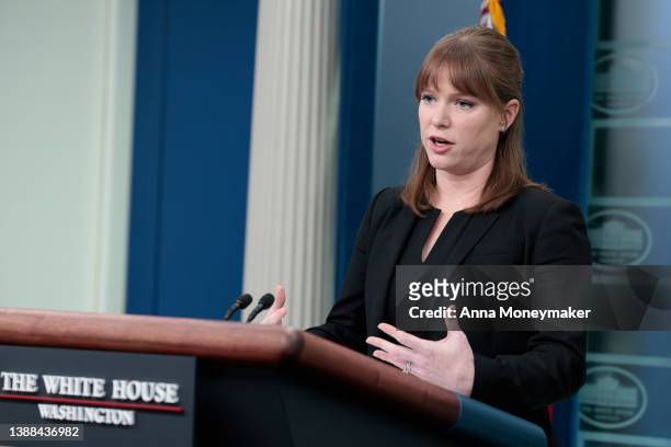 White House Communications Director Kate Bedingfield delivers remarks during the daily White House Press Briefing on March 29, 2022 in Washington,...