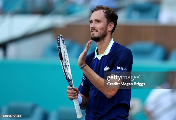 Daniil Medvedev of Russia celebrates after defeating Jensen Brooksby during the Men's Singles match on Day 9 of the 2022 Miami Open presented by Itaú...