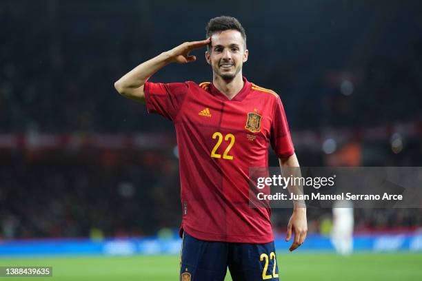 Pablo Sarabia of Spain celebrates after scoring their team's fourth goal during the international friendly match between Spain and Iceland at Riazor...