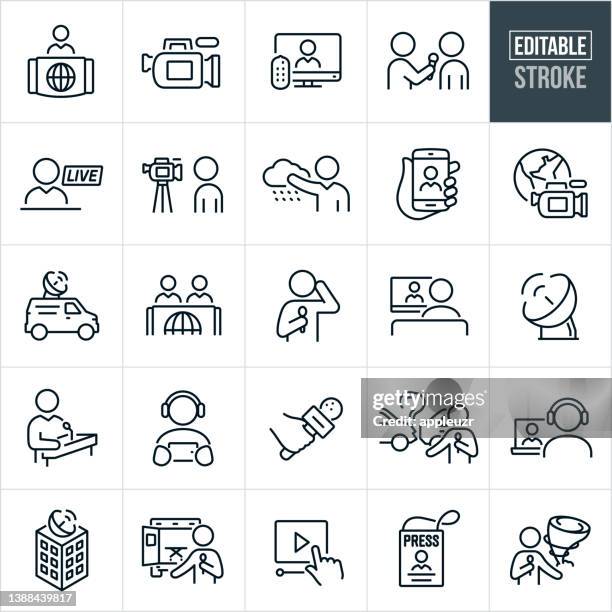 ilustrações de stock, clip art, desenhos animados e ícones de television broadcasting thin line icons - editable stroke - entrevista dos meios de comunicação social