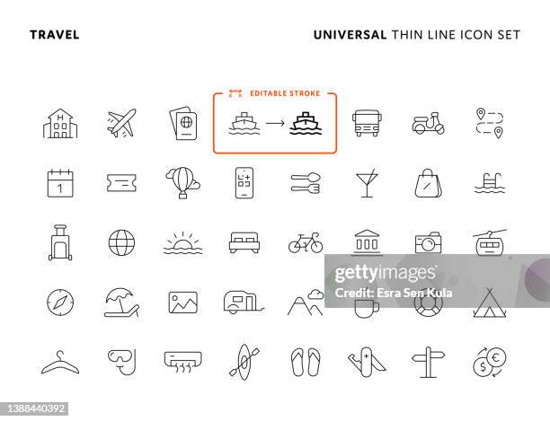 travel concept universal thin line icon set with editable stroke. icons are suitable for web page, mobile app, ui, ux and gui design. - airplane icons stock illustrations