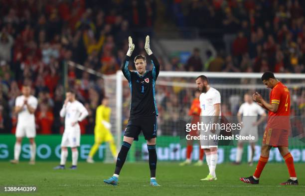 Wayne Hennessey of Wales applauds fans after being substituted on their 100th cap for Wales during the international friendly match between Wales and...