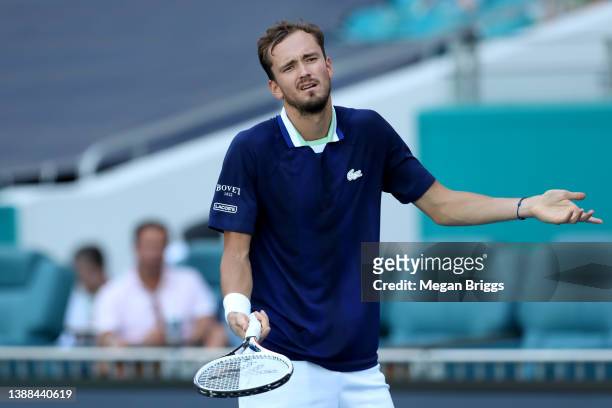 Daniil Medvedev of Russia reacts during his Men's Singles match against Jensen Brooksby on Day 9 of the 2022 Miami Open presented by Itaú at Hard...
