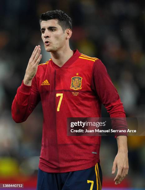 Alvaro Morata of Spain celebrates after scoring their team's second goal during the international friendly match between Spain and Iceland at Riazor...