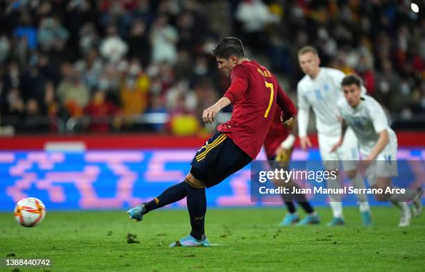 Alvaro Morata of Spain scores their team's second goal from the penalty spot during the international friendly match between Spain and Iceland at...