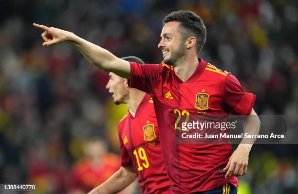 Pablo Sarabia of Spain celebrates after scoring their team's fourth goal during the international friendly match between Spain and Iceland at Riazor...