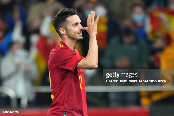 Pablo Sarabia of Spain celebrates after scoring their team's second goal during the international friendly match between Spain and Iceland at Riazor...