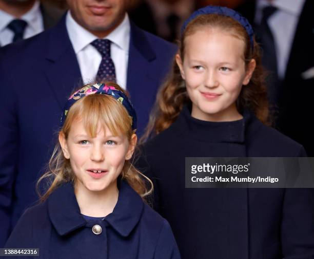 Isla Phillips and Savannah Phillips attend a Service of Thanksgiving for the life of Prince Philip, Duke of Edinburgh at Westminster Abbey on March...