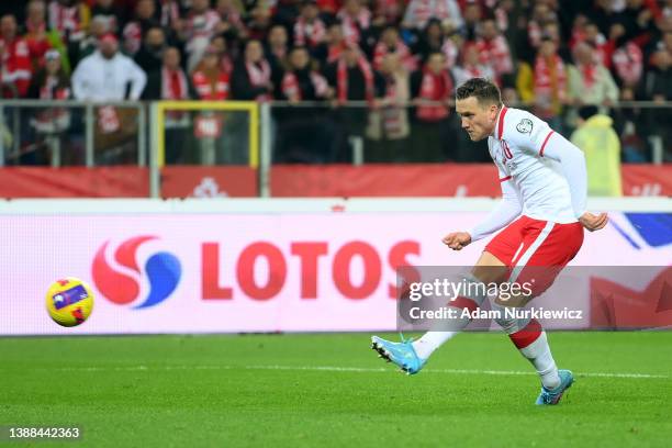 Piotr Zielinski of Poland scores their team's second goal during the 2022 FIFA World Cup Qualifier knockout round play-off match between Poland and...