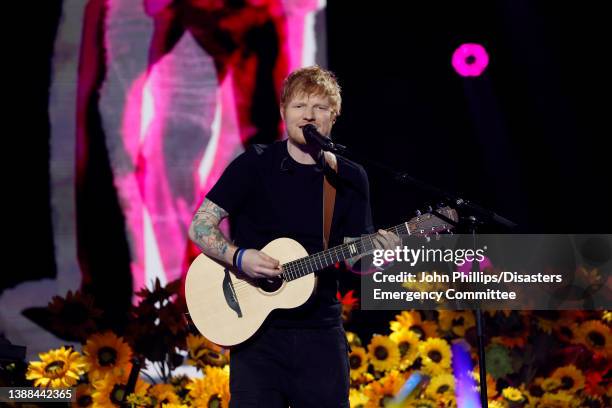 Ed Sheeran performs during a Concert for Ukraine at Resorts World Arena on March 29, 2022 in Birmingham, England. All proceeds from Concert for...