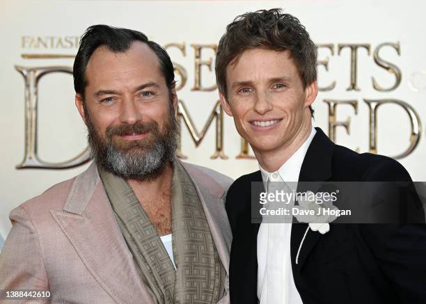 Jude Law and Eddie Redmayne attend the World Premiere of "Fantastic Beasts: The Secrets Of Dumbledore" at The Royal Festival Hall on March 29, 2022...