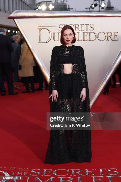 Poppy Corby-Tuech attends the "Fantastic Beasts: The Secrets of Dumbledore" world premiere at The Royal Festival Hall on March 29, 2022 in London,...