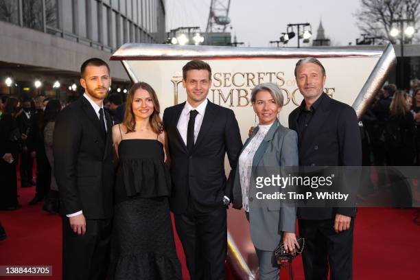 Viola Mikkelsen, Carl Mikkelsen, Hanne Jacobsen and Mads Mikkelsen attend the "Fantastic Beasts: The Secrets of Dumbledore" world premiere at The...