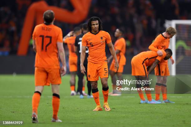 Nathan Ake of Netherlands looks on after the international friendly match between Netherlands and Germany at Johan Cruijff Arena on March 29, 2022 in...