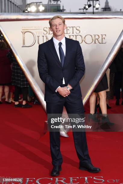 Callum Turner attends the "Fantastic Beasts: The Secrets of Dumbledore" world premiere at The Royal Festival Hall on March 29, 2022 in London,...