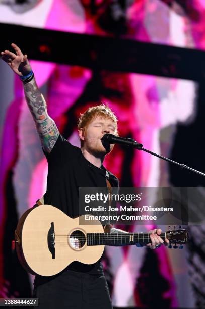 Ed Sheeran performs during a Concert for Ukraine at Resorts World Arena on March 29, 2022 in Birmingham, England. All proceeds from Concert for...