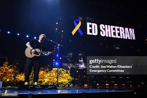 Ed Sheeran performs during a Concert for Ukraine at Resorts World Arena on March 29, 2022 in Birmingham, England. All proceeds from Concert for...