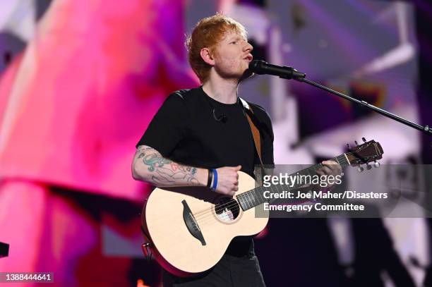 Ed Sheeran performs during a Concert for Ukraine at Resorts World Arena on March 29, 2022 in Birmingham, England. All proceeds from Concert for...