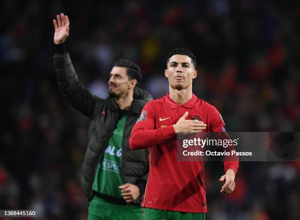 Cristiano Ronaldo of Portugal celebrates after their sides victory during the 2022 FIFA World Cup Qualifier knockout round play-off match between...