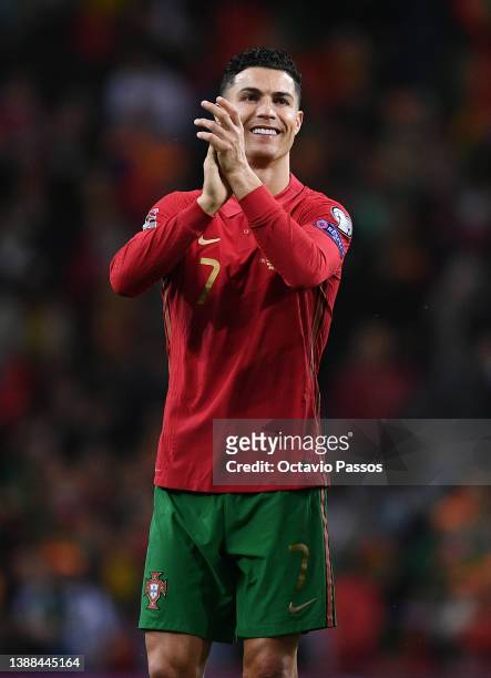 Cristiano Ronaldo of Portugal celebrates after their sides victory during the 2022 FIFA World Cup Qualifier knockout round play-off match between...
