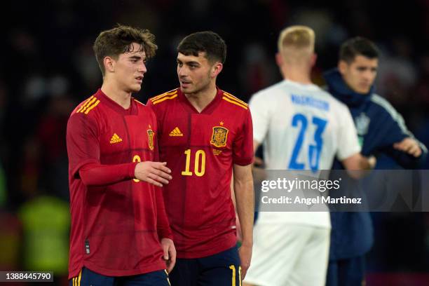 Pedro Gonzalez 'Pedri' and Gavi of Spain interact after the international friendly match between Spain and Iceland at Riazor Stadium on March 29,...