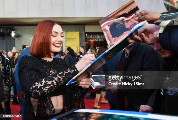 Poppy Corby-Tuech attends the "Fantastic Beasts: The Secrets of Dumbledore" world premiere at The Royal Festival Hall on March 29, 2022 in London,...