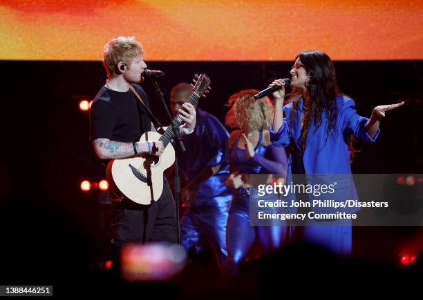 Camila Cabello and Ed Sheeran perform during a Concert for Ukraine at Resorts World Arena on March 29, 2022 in Birmingham, England. All proceeds from...