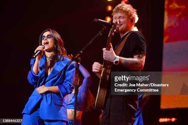 Camila Cabello and Ed Sheeran perform during a Concert for Ukraine at Resorts World Arena on March 29, 2022 in Birmingham, England. All proceeds from...