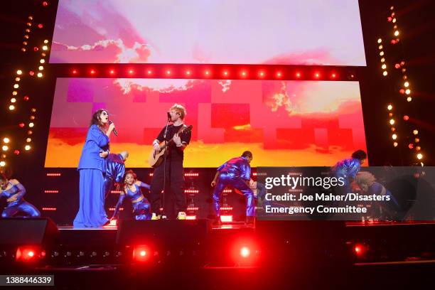 Camila Cabello and Ed Sheeran perform during a Concert for Ukraine at Resorts World Arena on March 29, 2022 in Birmingham, England. All proceeds from...