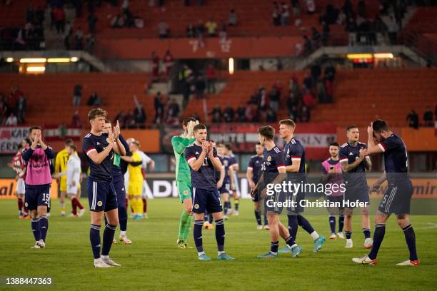 Players of Scotland applaud the fans after the International Friendly match between Austria and Scotland at Ernst Happel Stadion on March 29, 2022 in...