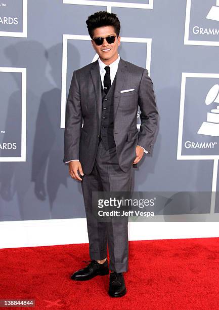 Singer Bruno Mars arrives at The 54th Annual GRAMMY Awards at Staples Center on February 12, 2012 in Los Angeles, California.