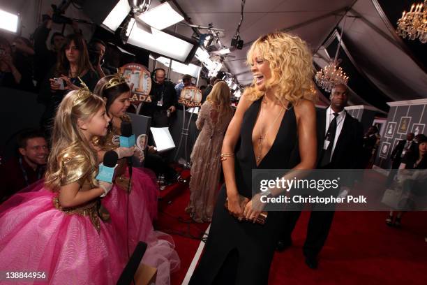 Rosie, Sophia Grace and singer Rihanna arrive at The 54th Annual GRAMMY Awards at Staples Center on February 12, 2012 in Los Angeles, California.