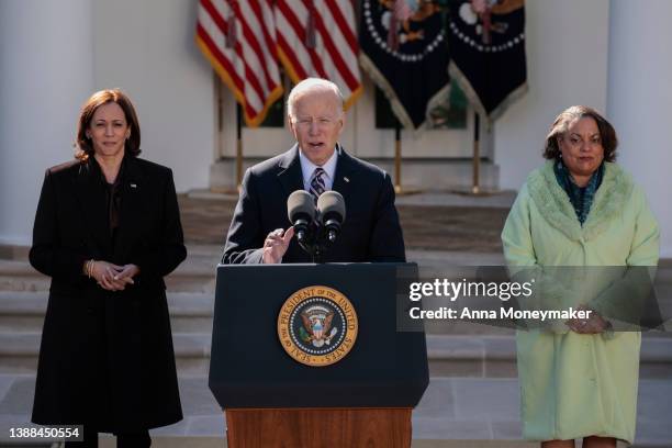 President Joe Biden delivers remarks, alongside U.S Vice President Kamala Harris and Michelle Duster, the great-granddaughter of Ida B. Wells, after...