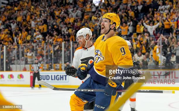 Filip Forsberg of the Nashville Predators celebrates his goal against the Philadelphia Flyers during an NHL game at Bridgestone Arena on March 27,...