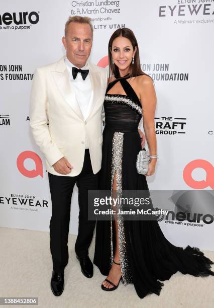 Kevin Costner and Christine Baumgartner attend the Elton John AIDS Foundation's 30th Annual Academy Awards Viewing Party on March 27, 2022 in West...