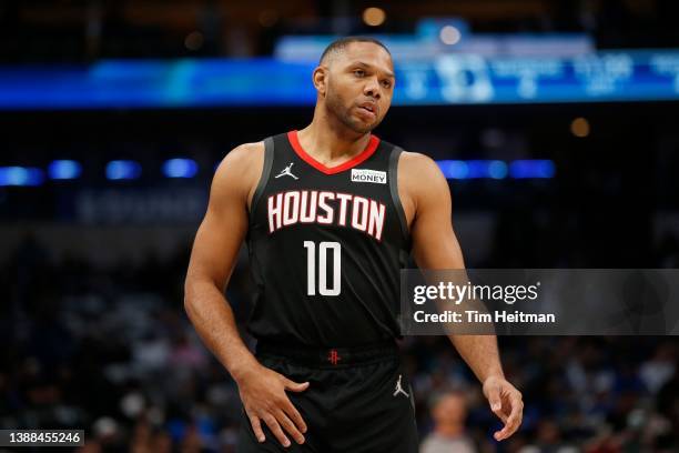 Eric Gordon of the Houston Rockets on the court in the game against the Dallas Mavericks at American Airlines Center on March 23, 2022 in Dallas,...