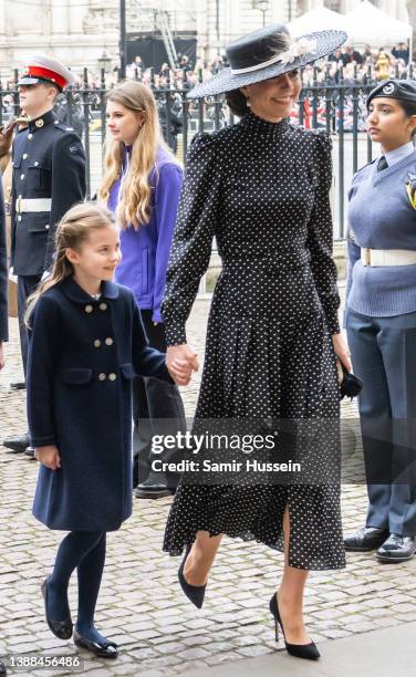 Catherine, Duchess of Cambridge, and Princess Charlotte of Cambridge attend the Memorial Service For The Duke Of Edinburgh at Westminster Abbey on...