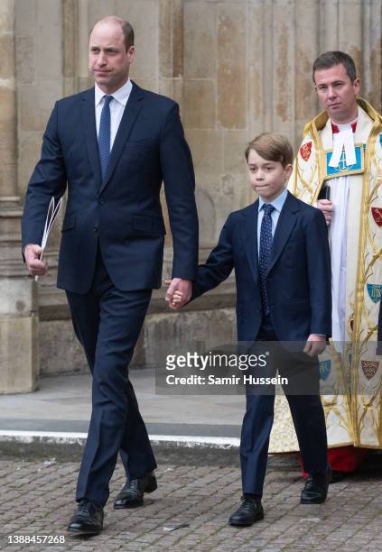 Prince William, Duke of Cambridge, Prince George of Cambridge depart the memorial service for the Duke Of Edinburgh at Westminster Abbey on March 29,...