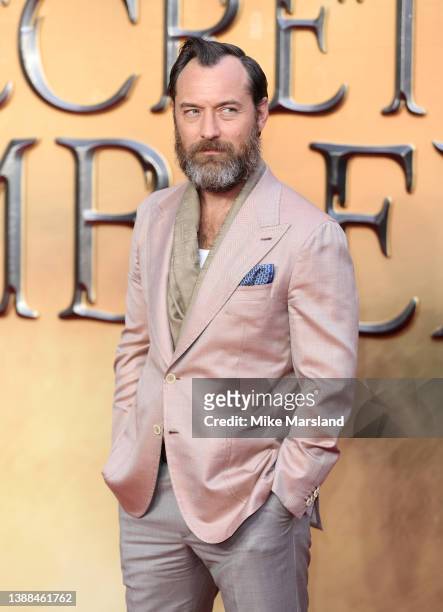 Jude Law attends "Fantastic Beasts: The Secrets of Dumbledore" World Premiere at The Royal Festival Hall on March 29, 2022 in London, England.