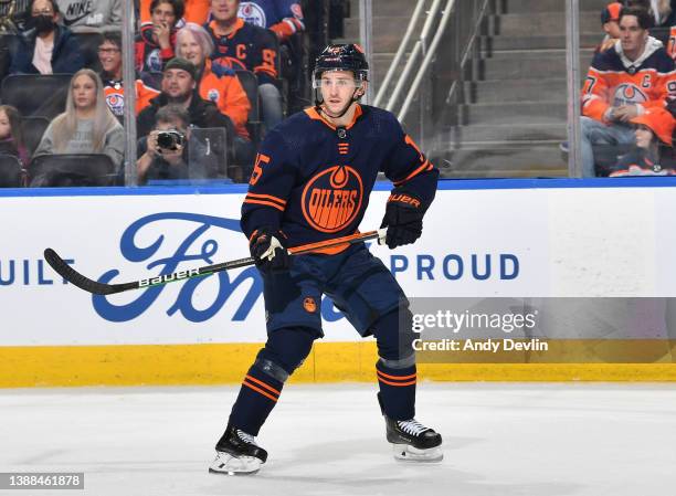 March 28: Josh Archibald of the Edmonton Oilers skates during the game against the Arizona Coyotes on March 28, 2022 at Rogers Place in Edmonton,...