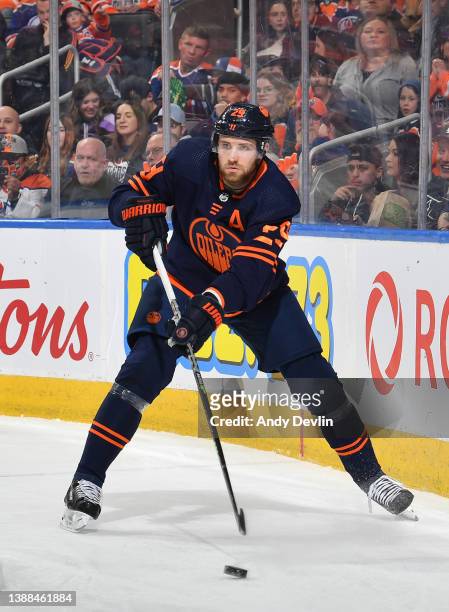 March 28: Leon Draisaitl of the Edmonton Oilers skates during the game against the Arizona Coyotes on March 28, 2022 at Rogers Place in Edmonton,...