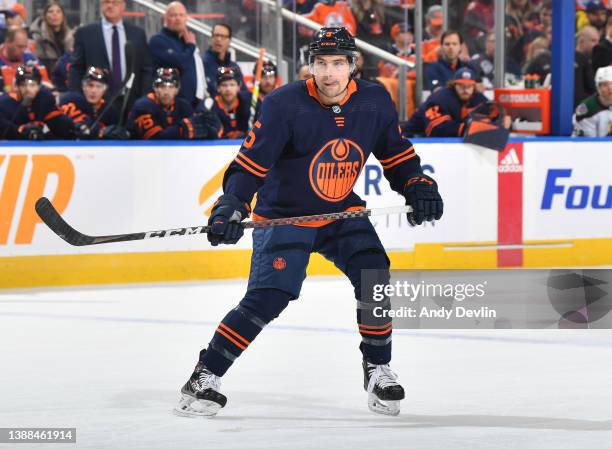 March 28: Cody Ceci of the Edmonton Oilers skates during the game against the Arizona Coyotes on March 28, 2022 at Rogers Place in Edmonton, Alberta,...